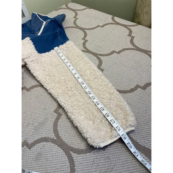 Haptics Good Vibes Denim & Ivory Patchwork Sherpa Half Zip pullover, size large - Picture 11 of 12